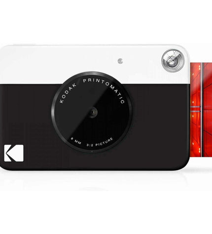 Kodak Printomatic instant camera in black, compact electronic device for instant photos, featuring lens and viewfinder.