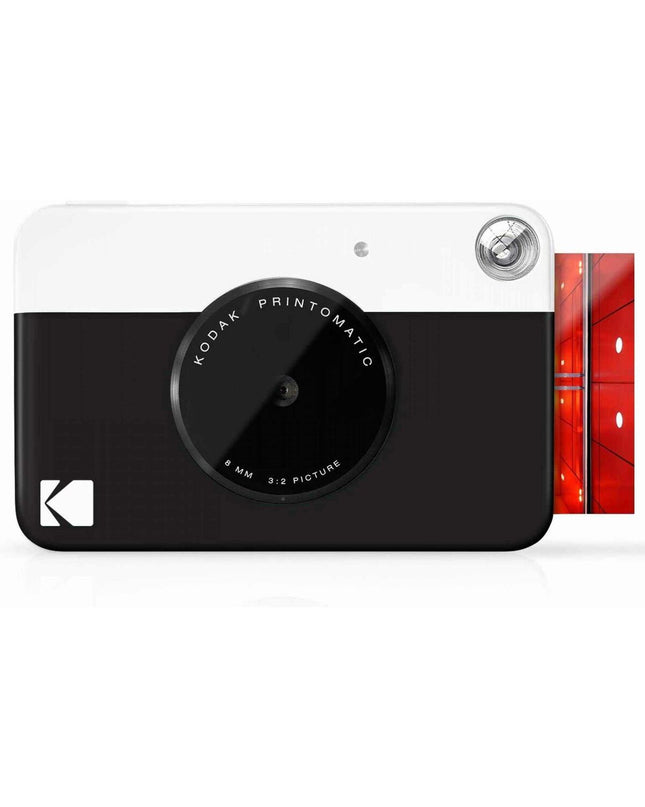 Kodak Printomatic instant camera in black, compact electronic device for instant photos, featuring lens and viewfinder.
