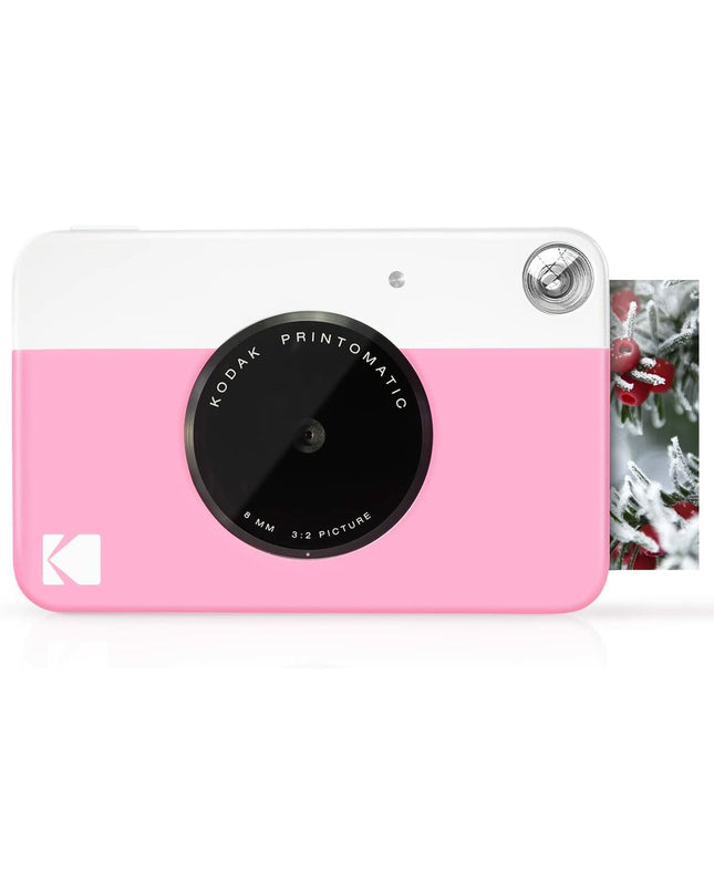 Kodak PRINTOMATIC instant camera in pink with lens and viewfinder, electronic photography device for instant photo printing.