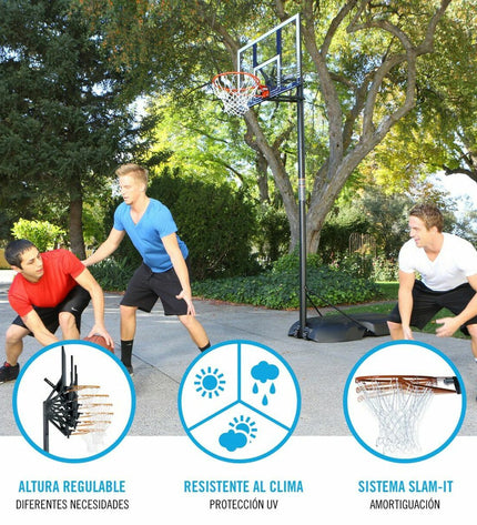 Lifetime basketball hoop for outdoor sports, 305 cm height, with orange backboard and net, designed for basketball games.