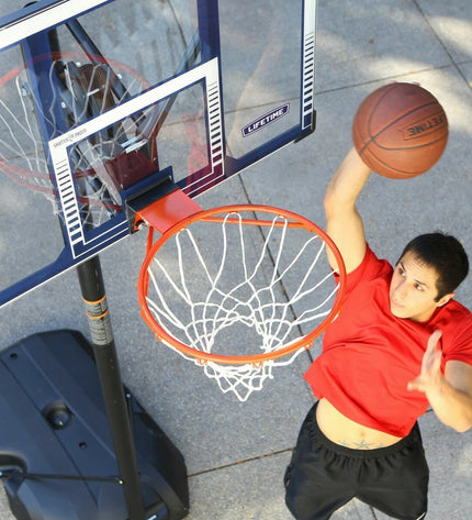 Lifetime basketball hoop for outdoor sports, 305 cm height, with a sturdy backboard and net, designed for outdoor basketball games.