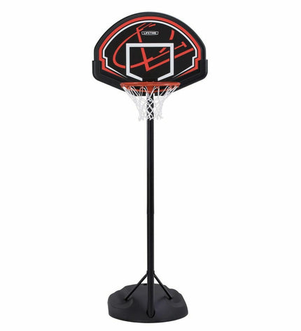 Lifetime basketball hoop for outdoor use, 222 cm high with a durable backboard and basketball for sports and outdoor play.