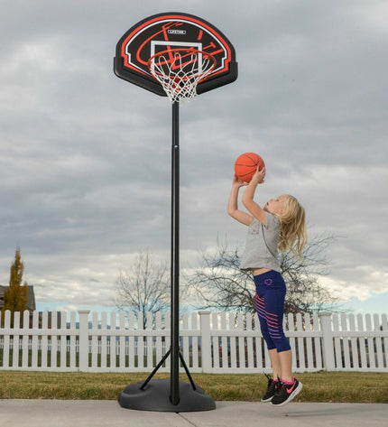 Lifetime basketball hoop with a 222 cm backboard, outdoor sports equipment, featuring a sturdy metal frame and net for basketball play.