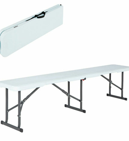 Lifetime foldable white camping and outdoor bench, 183 cm long, suitable for sports, camping, and outdoor activities.