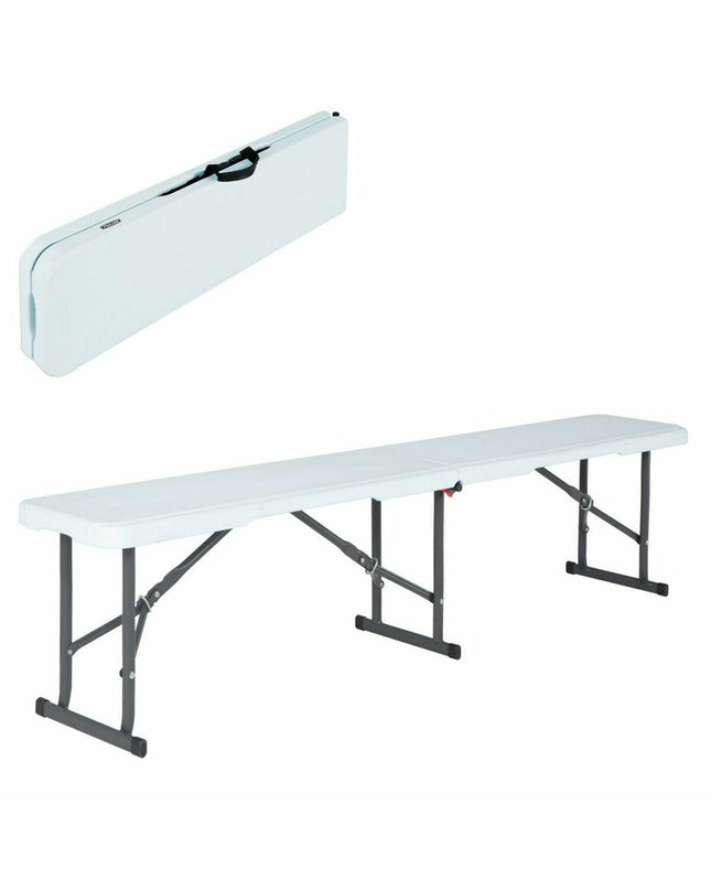 Lifetime foldable white camping and outdoor bench, 183 cm long, suitable for sports, camping, and outdoor activities.