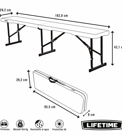 Lifetime Bank Lifetime opvouwbare sport en outdoor bank in wit, 183 x 29 x 42 cm, suitable for camping and outdoor activities.