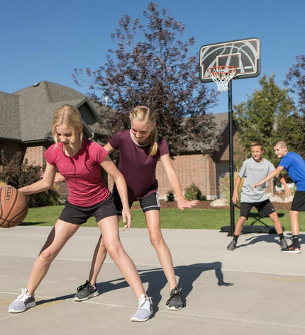 Lifetime basketball hoop for outdoor use, featuring a 305 cm height, set up on a basketball court.