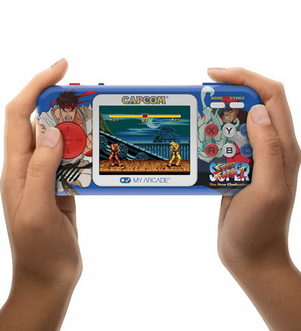 Portable My Arcade retro game computer with colorful buttons and screen, electronic toy for playing classic arcade games.