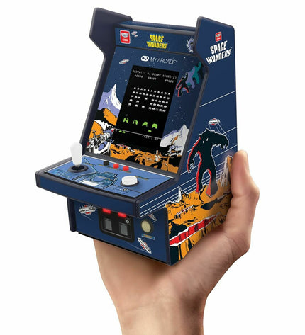 My Arcade portable retro game computer displaying classic arcade game graphics on a small handheld device.
