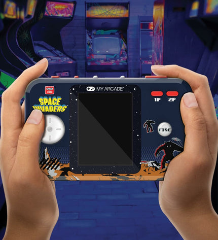 My Arcade portable game console with retro arcade game buttons and screen, electronic toy for playing classic games.