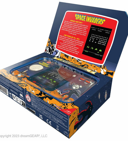 My Arcade portable retro game computer showing colorful screen with classic arcade game graphics, electronic toy for gaming enthusiasts.