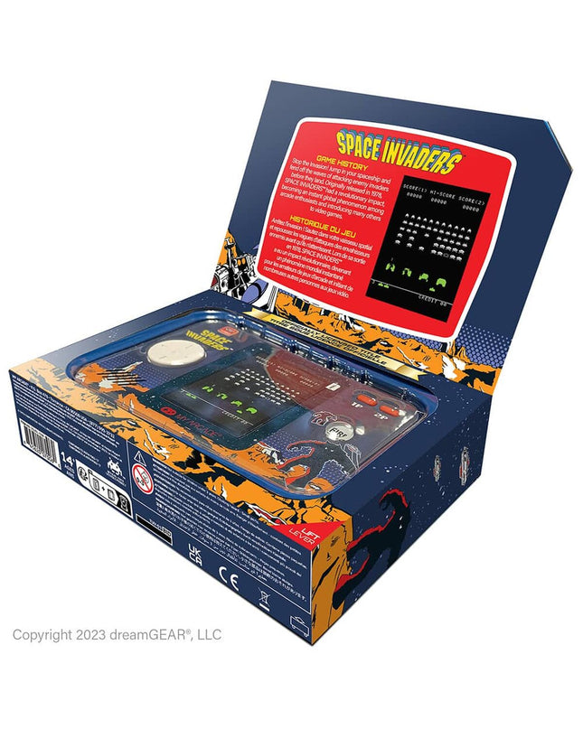 My Arcade portable retro game computer showing colorful screen with classic game graphics, electronic toy and gaming device.