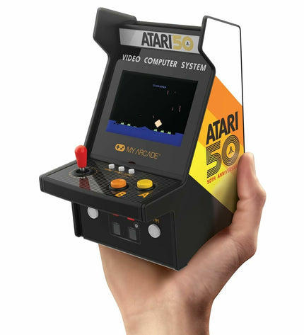 Portable My Arcade retro gaming console with colorful buttons, screen, and built-in classic arcade game controls.