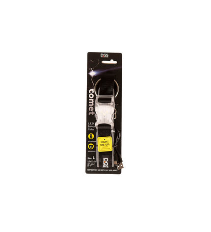 Dog Gone Smart black dog collar with light, adjustable nylon strap, designed for dogs, showing the collar's side view with light feature.