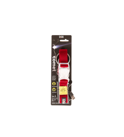 Dog Gone Smart red light-up dog collar with reflective details, designed for safety and visibility in outdoor activities.