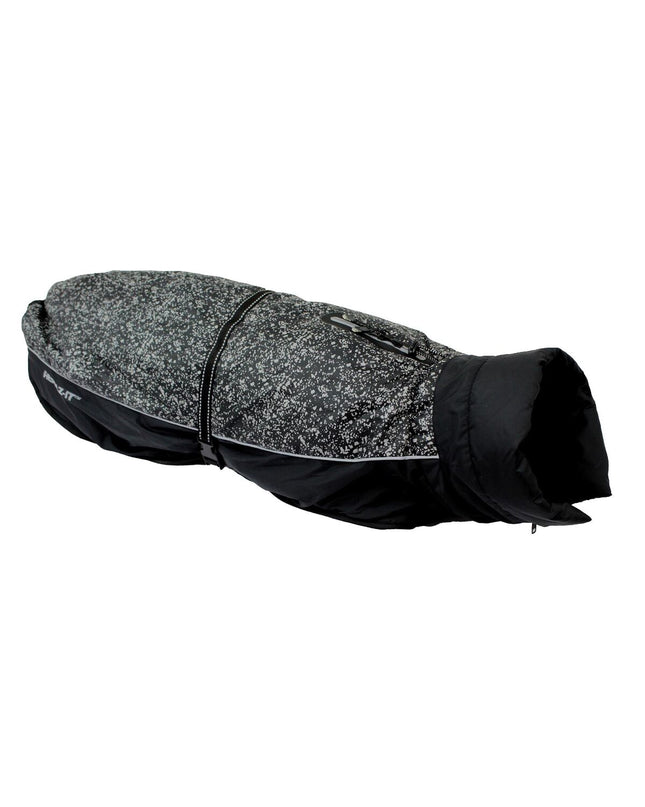 Dog Gone Smart black dog coat for small dogs, 35 cm, showing the weather-resistant fabric and snug fit on a dog.