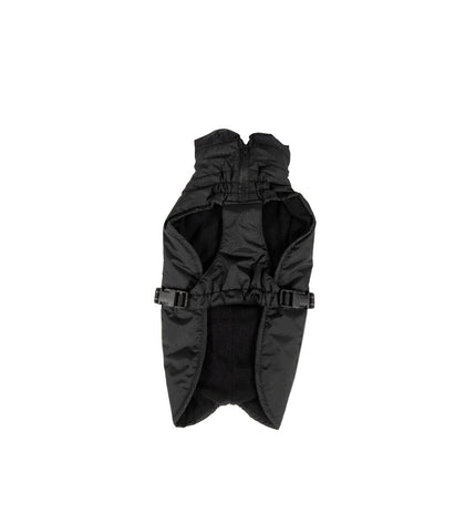 Dog Gone Smart black dog coat for small dogs, 40 cm, showcasing durable waterproof fabric and snug fit on a black dog.