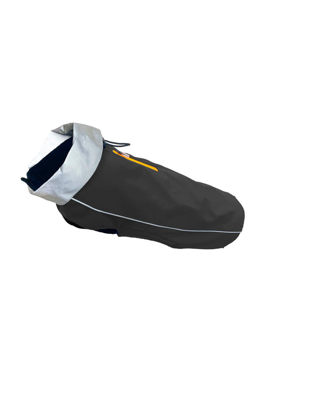 Black Dog Gone Smart dog raincoat for small dogs, 30 cm length, waterproof fabric, featuring adjustable straps and reflective details.