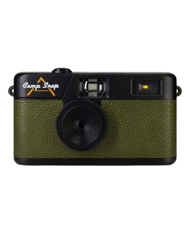 Olive green digital camera from Camp Snap, model CS-V105-GR-WW, showing front view with lens and controls in electronics photography.