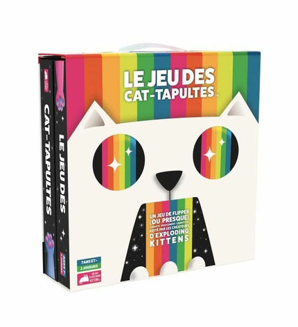 Asmodee Le Jeu des Cat-Tapultes toy game with colorful cat-shaped characters and game components on a game board.