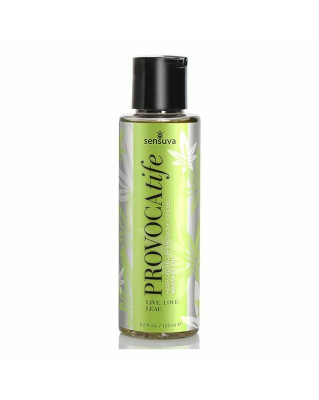 Sensuva Provocatife massage oil bottle, 120 ml, for sensual and erotic massage, with a sleek label and transparent cap.