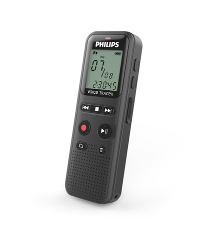 Philips VoiceTracer black voice recorder with buttons and microphone, suitable for office and note-taking purposes.