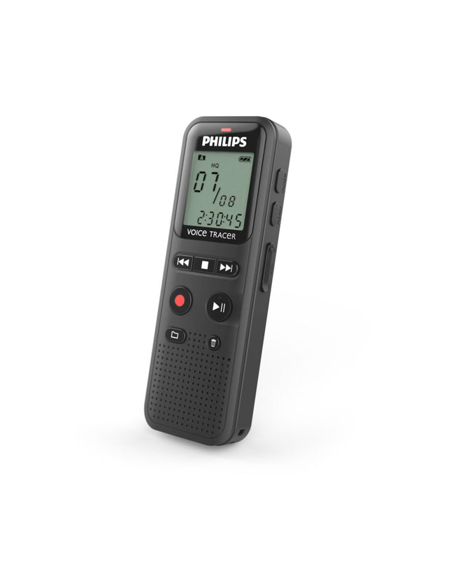 Philips VoiceTracer black voice recorder with buttons and microphone, suitable for office and note-taking purposes.
