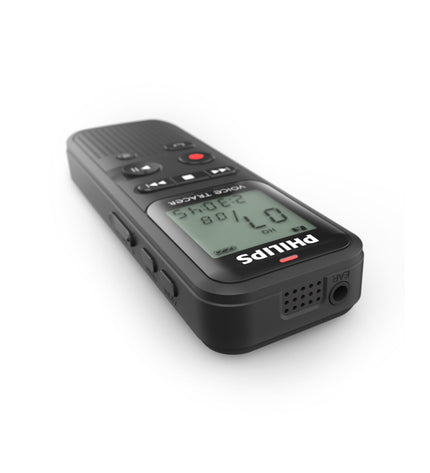 Black Philips VoiceTracer voice recorder with digital display and microphone for office and recording use.