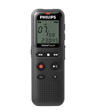 Black Philips VoiceTracer voice recorder with microphone, buttons, and display for office and electronic recording tasks.