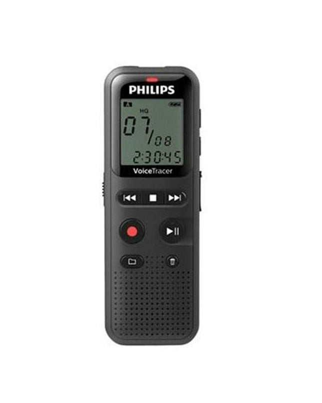 Black Philips VoiceTracer voice recorder with microphone, buttons, and display for office and electronic recording tasks.