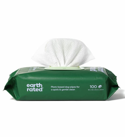 Earth Rated lavender and shea butter pet wipes for dogs, 100-count pack, soft and moist dog cleaning cloths.