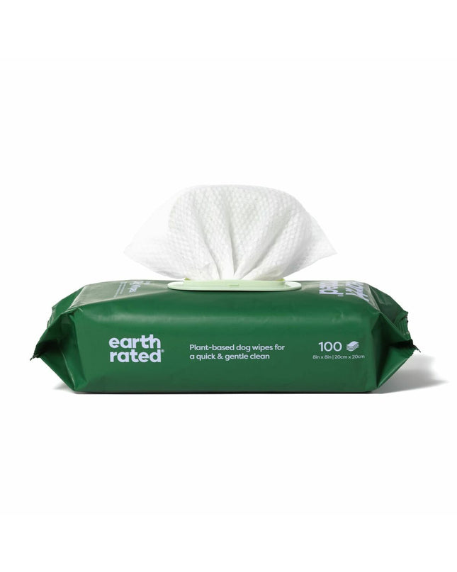 Earth Rated lavender and shea butter pet wipes for dogs, 100-count pack, soft and moist dog cleaning cloths.