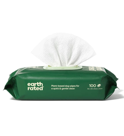 Earth Rated unscented pet wipes for dogs, 100-pack, soft and moistened for easy cleaning of furry pets.