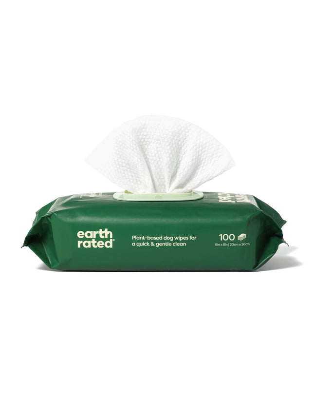 Earth Rated unscented pet wipes for dogs, 100-pack, soft and moistened for easy cleaning of furry pets.