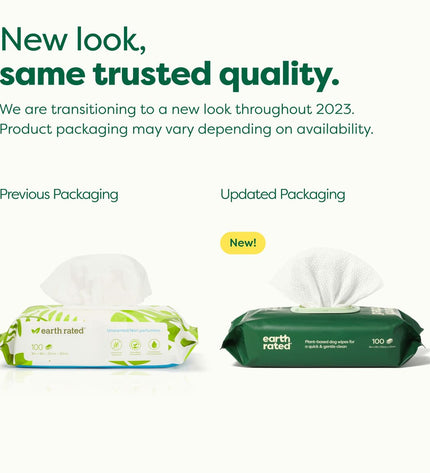 Unpackaged Earth Rated unscented pet wipes for dogs, 100 soft, moist cloths for cleaning pets.