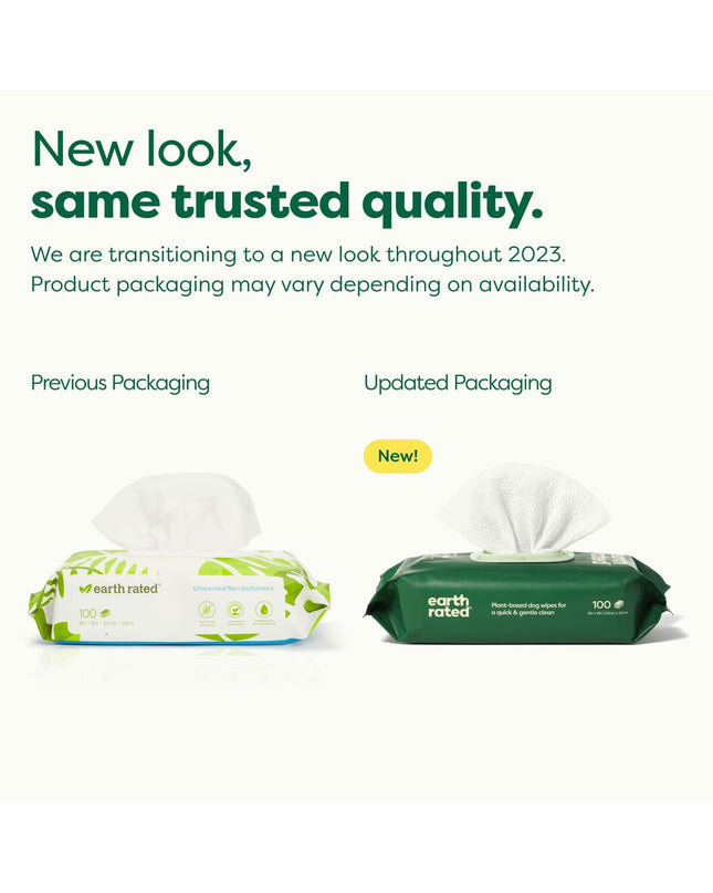Unpackaged Earth Rated unscented pet wipes for dogs, 100 soft, moist cloths for cleaning pets.