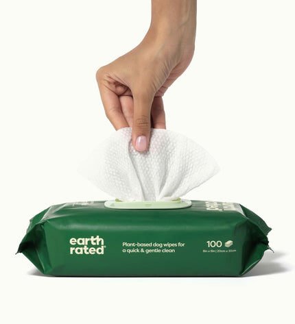 Earth Rated unscented pet wipes for dogs, 100-pack, soft and moist for cleaning and grooming pets.