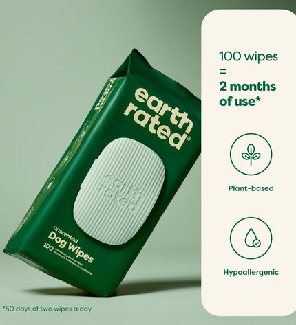 Earth Rated unscented pet wipes for dogs, 100-pack, soft moist cloths for cleaning and freshening up your dog.