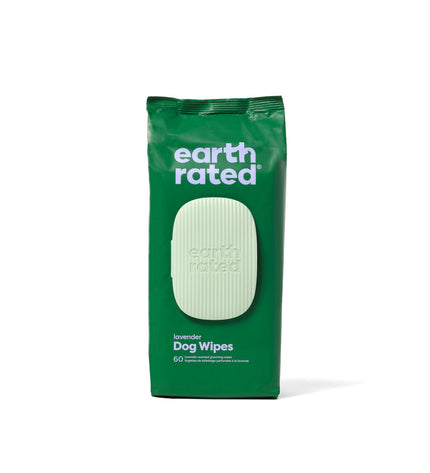 Earth Rated lavender pet wipes for dogs, 60 moist cloths, gentle cleaning and fresh scent for pet grooming and hygiene.