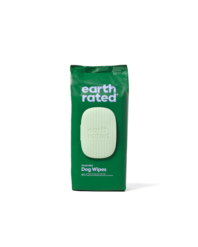 Earth Rated lavender pet wipes for dogs, 60 moist cloths, gentle cleaning and fresh scent for pet grooming and hygiene.