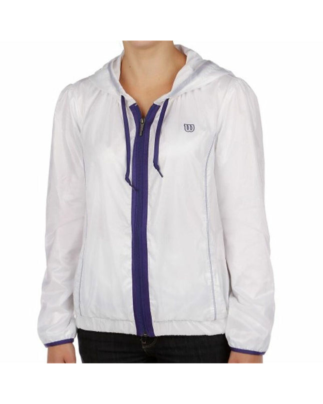 Wilson Sportjack voor dames in wit, sportkleding for outdoor activities, featuring a lightweight design and athletic fit.
