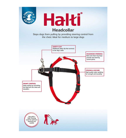 Company of Animals Halti dog harness in black and red, adjustable size L (80-120 cm), for comfortable pet control.