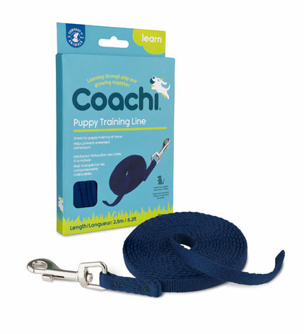Blue Coachi dog training leash, 2.5 meters long, made of durable material, suitable for walking and training dogs.