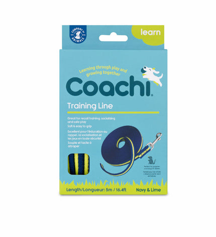 Blue Coachi dog training leash with sturdy handle and adjustable length, designed for reliable control during walks.
