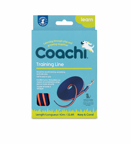 Blue Coachi 10m dog training leash with handle, durable nylon dog training band for walks and training activities.