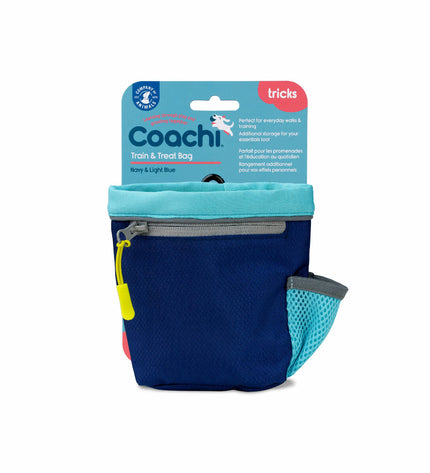 Blue Coachi dog training and treat holder with adjustable strap and secure clip, designed for easy carrying and access during walks.