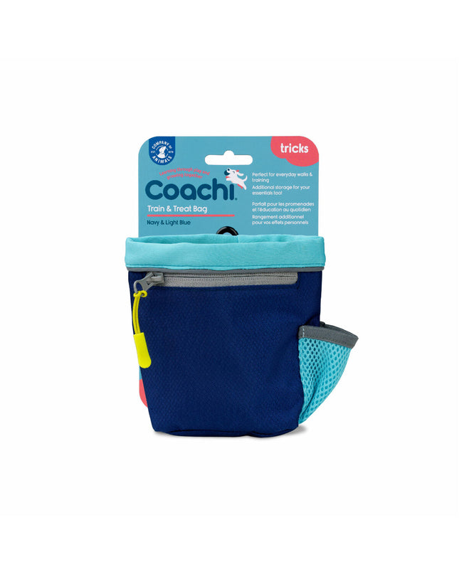Blue Coachi dog training and treat holder with adjustable strap and secure clip, designed for easy carrying and access during walks.