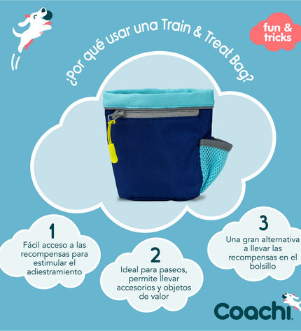 Blue Coachi Train & Treat dog training pouch with adjustable strap and multiple compartments for dog treats and accessories.