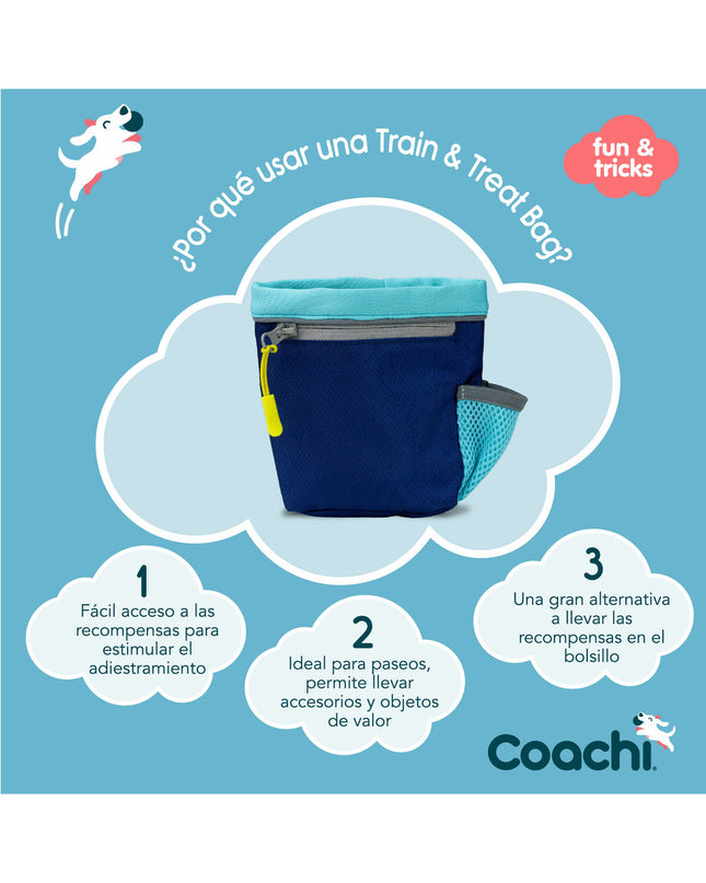 Blue Coachi Train & Treat dog training pouch with adjustable strap and multiple compartments for dog treats and accessories.