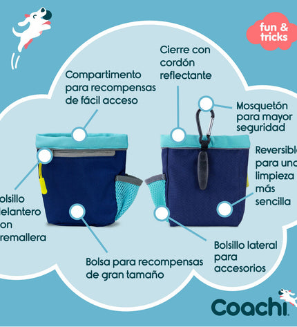 Blue Coachi dog training and treat holder with adjustable strap and secure clip, designed for convenient pet training.